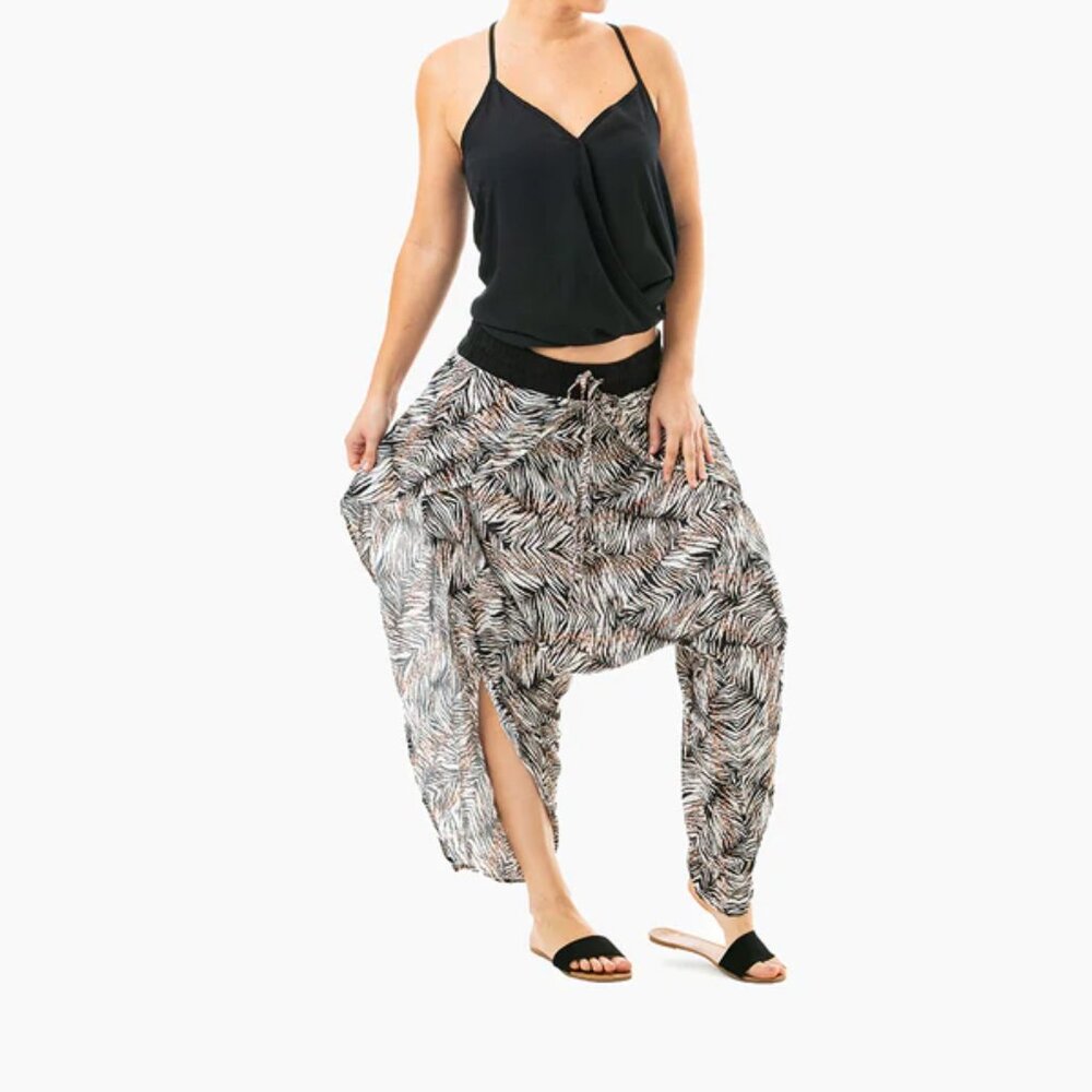 Flap Harem Pant Open Side Tasseled Drawstring Yoga Travel Beach Brown Zebra